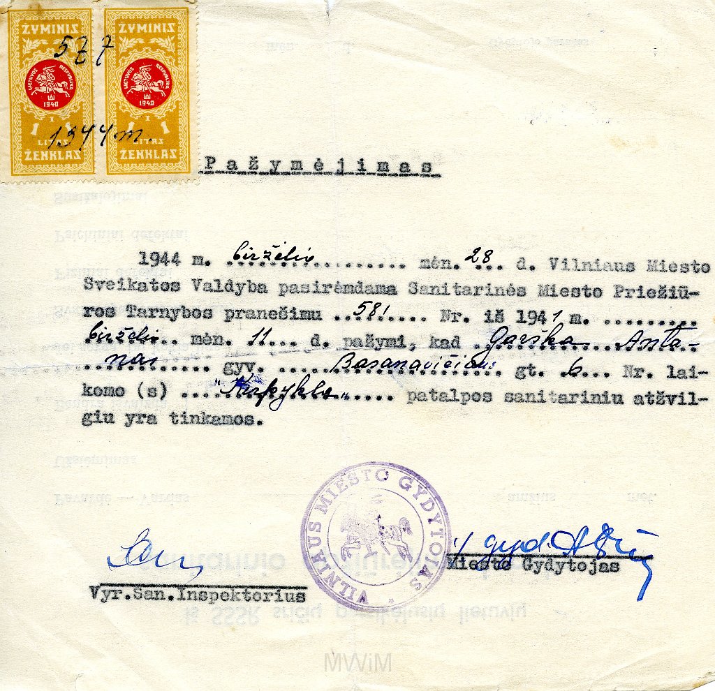 KKE 5717.jpg - (litewski) Dok. Zaświadczenie (lekarskie) dla Antoniego Graszko, Wilno, 28 VI 1944 r.